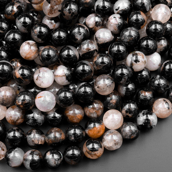 Genuine Natural Black Tourmaline Beads 3mm 4mm 6mm 8mm 10mm 12mm Round With White Quartz Red Iron Matrix Real Genuine Black Gemstone 15.5" Strand
