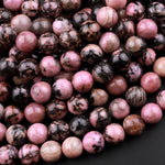 Natural Pink Rhodonite Beads 4mm 6mm 8mm 10mm Round Beads Earthy Pink Interesting Black Matrix Beads 15.5" Strand