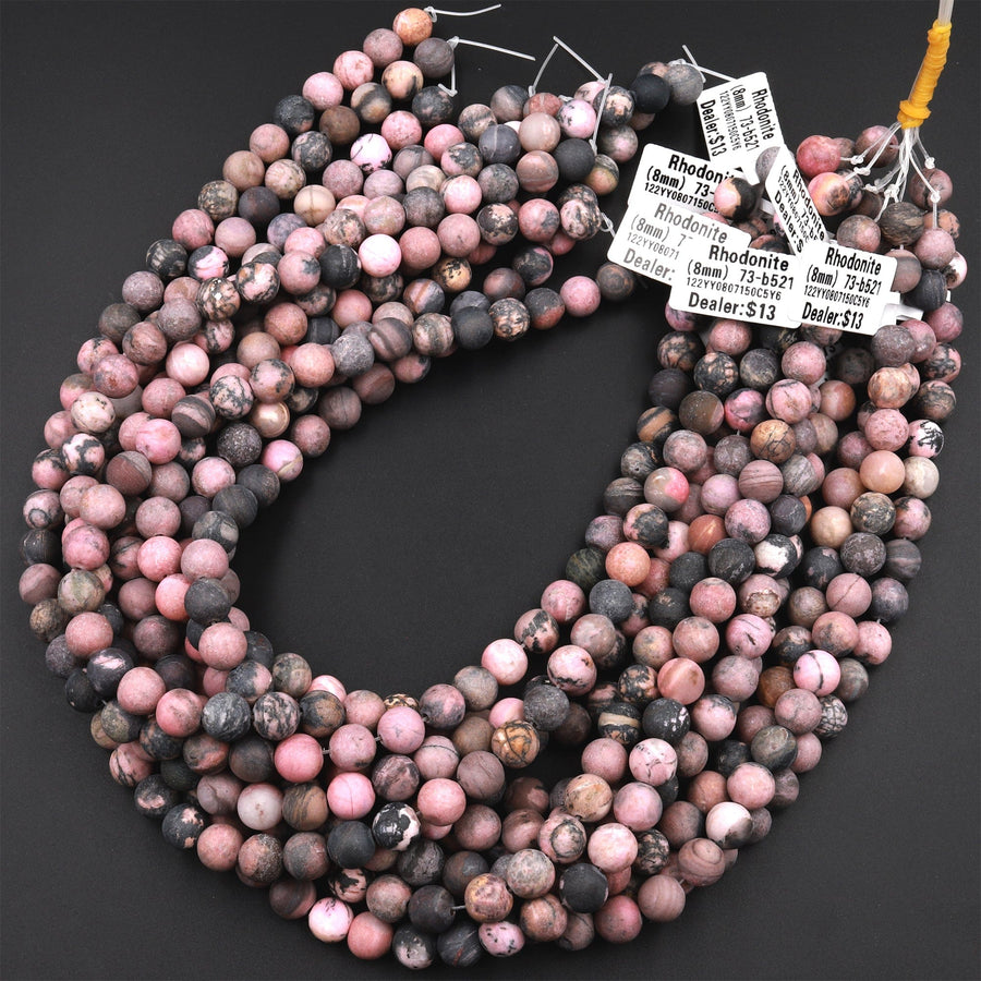 Matte Natural Pink Rhodonite Beads 4mm 6mm 8mm 10mm Matte Round Beads High Quality Earthy Pink Interesting Black Matrix Beads 16" Strand