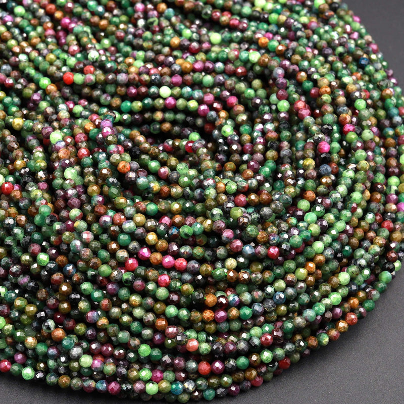 Natural Ruby Fuchsite Faceted 2mm 3mm 4mm Round Beads Micro Laser Diamond Cut Gemstone 16" Strand
