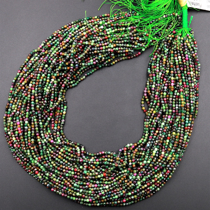 Natural Ruby Fuchsite Faceted 2mm 3mm 4mm Round Beads Micro Laser Diamond Cut Gemstone 16" Strand