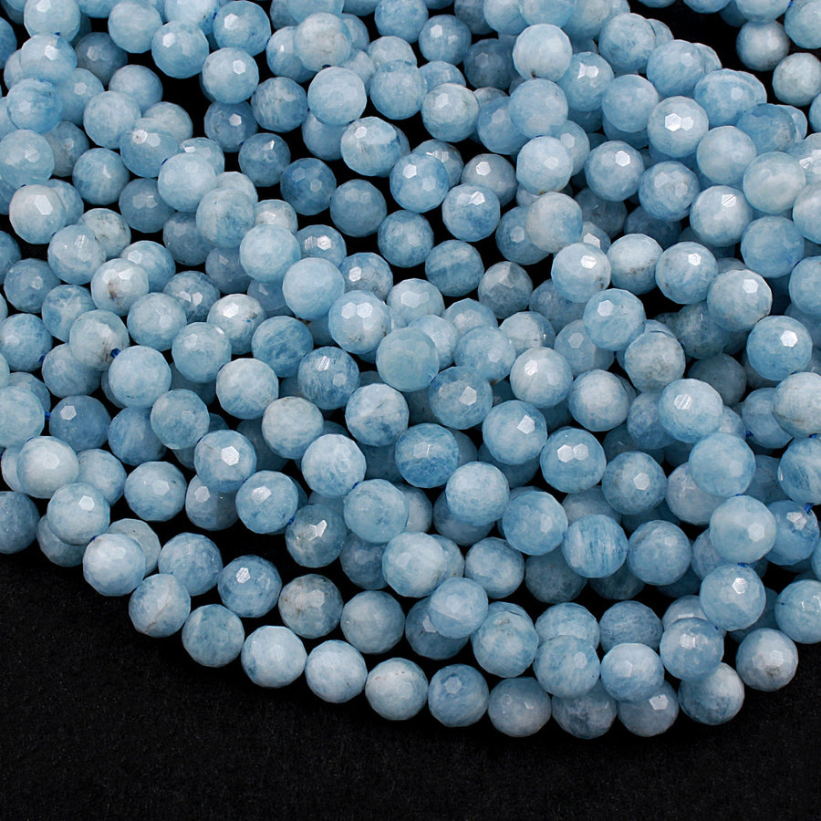 Natural Blue Aquamarine 6mm 8mm 10mm Faceted Round Beads Laser Diamond Cut Gemstone 16" Strand