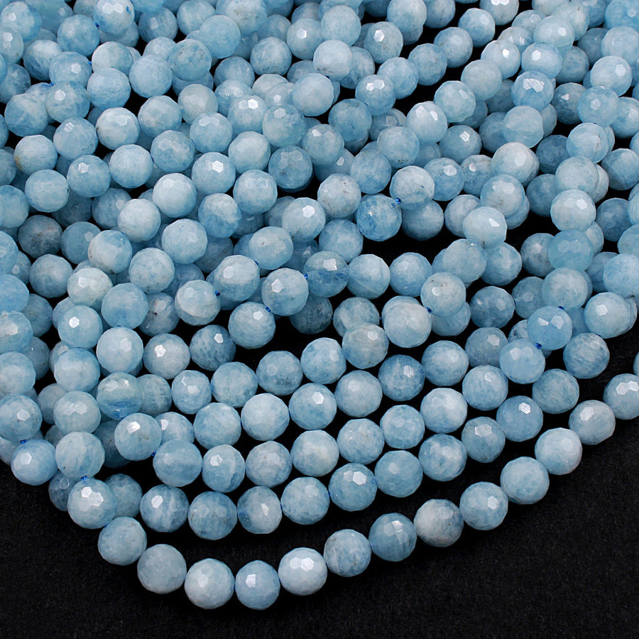Natural Blue Aquamarine 6mm 8mm 10mm Faceted Round Beads Laser Diamond Cut Gemstone 16" Strand
