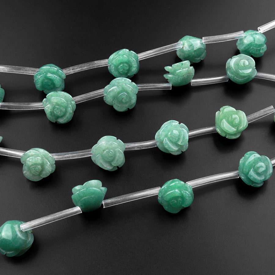 Natural Green Aventurine Hand Carved Rose Flower Gemstone Beads 8mm 10mm 12mm Choose from 5pcs, 10pcs