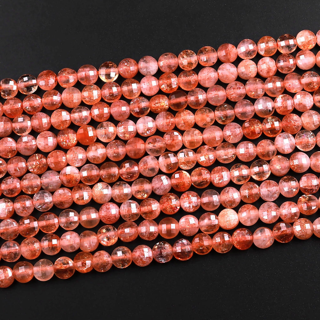 Natural Sunstone Micro Faceted 4mm Coin Flat Disc Dazzling Facets 15.5" Strand