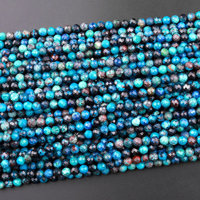 AAA Natural Azurite Faceted 2mm 3mm 4mm Round Beads Laser Diamond Cut Blue Gemstone 15.5" Strand