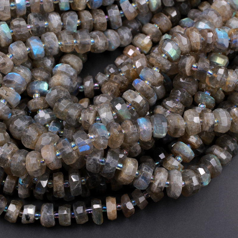AAA Quality Flashy Natural Gray Labradorite Large Faceted 8mm 9mm 10mm 12mm Rondelle Beads Tons of Rainbow Fire 15.5" Strand Strand