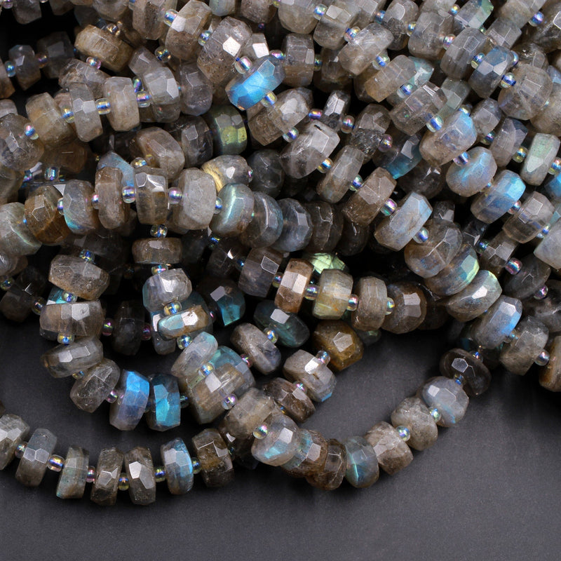 AAA Quality Flashy Natural Gray Labradorite Large Faceted 8mm 9mm 10mm 12mm Rondelle Beads Tons of Rainbow Fire 15.5" Strand Strand