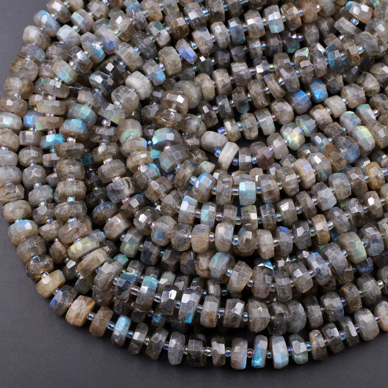 AAA Quality Flashy Natural Gray Labradorite Large Faceted 8mm 9mm 10mm 12mm Rondelle Beads Tons of Rainbow Fire 15.5" Strand Strand