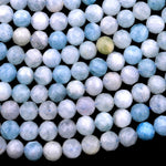 Faceted Natural Aquamarine 6mm 8mm 10mm Round Beads Laser Diamond Cut Gemstone 15.5" Strand