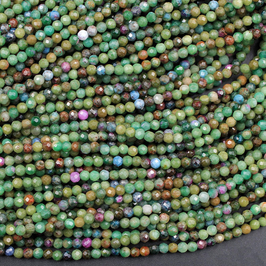 Micro Faceted Small Natural Ruby Fuchsite Fuschite Ruby Zoisite 3mm 4mm Faceted Round Beads Laser Diamond Cut Gemstone 16" Strand