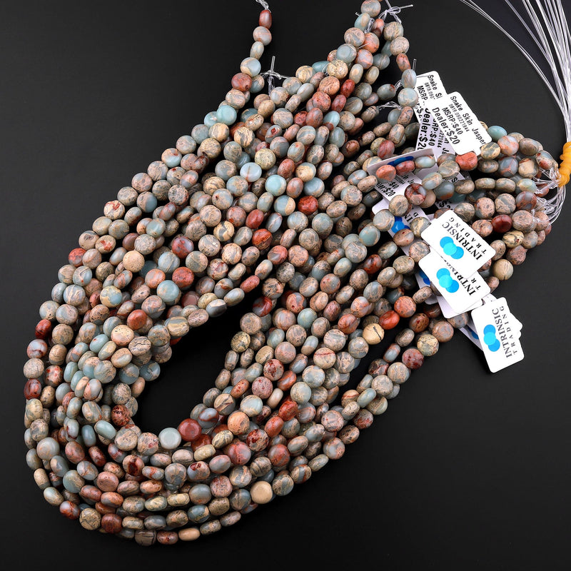 Genuine Natural Snake Skin Jasper Coin 8mm 10mm Beads Earthy Blue Rusty Red Brown Tan Stone Aka African Blue Opal 15.5" Strand