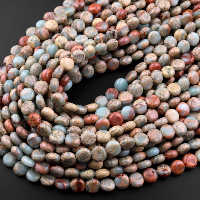 Genuine Natural Snake Skin Jasper Coin 8mm 10mm Beads Earthy Blue Rusty Red Brown Tan Stone Aka African Blue Opal 15.5" Strand