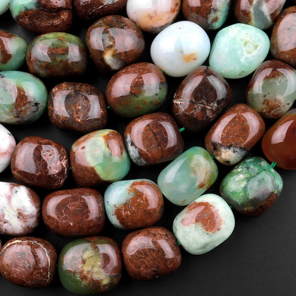Large Natural Bicolor Brown Green Chrysoprase Pebble Nugget Beads 15.5" Strand