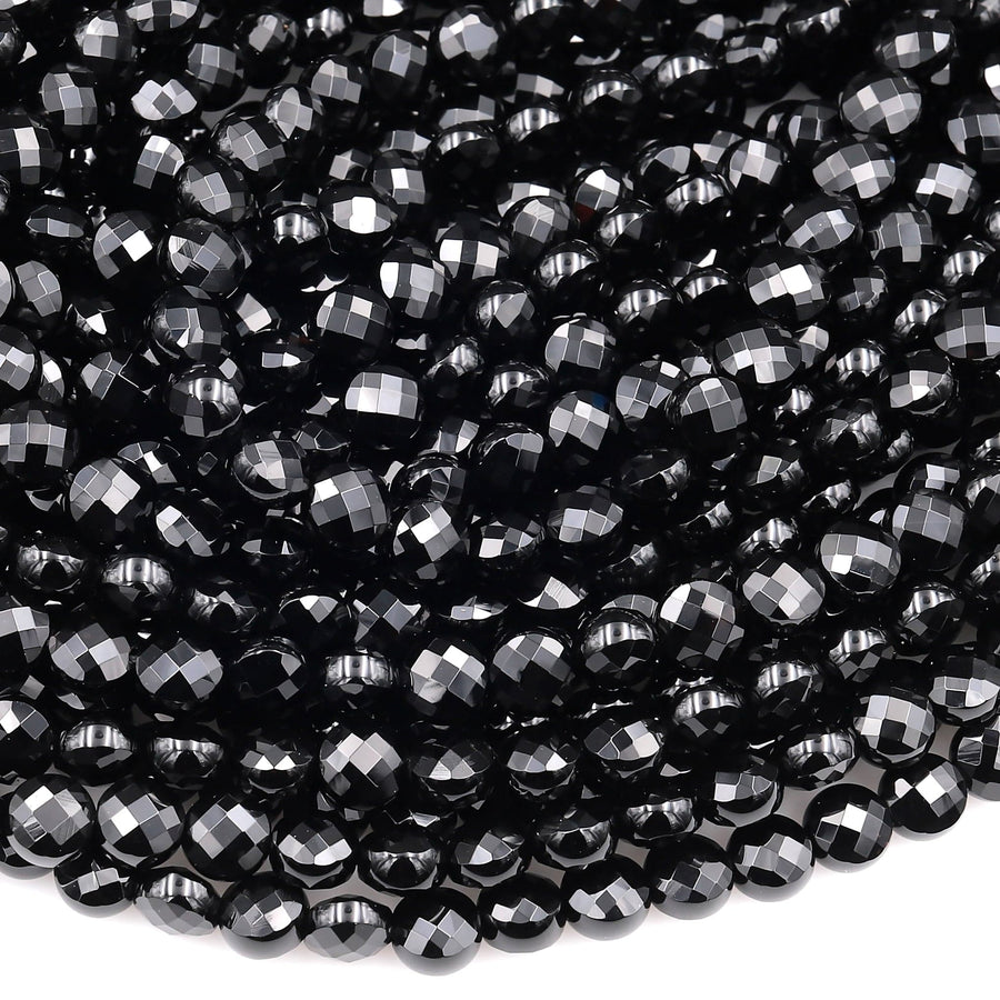 Micro Faceted Natural Black Onyx 4mm 6mm 8mm Coin Beads 15.5" Strand
