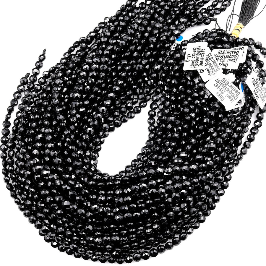 Micro Faceted Natural Black Onyx 4mm 6mm 8mm Coin Beads 15.5" Strand