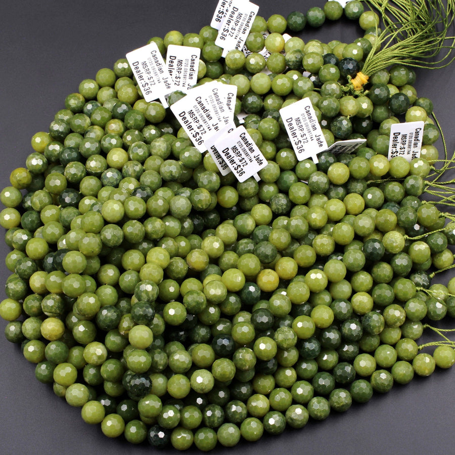 Micro Faceted Natural Canadian Green Jade 6mm 8mm 10mm Round Beads 15.5" Strand