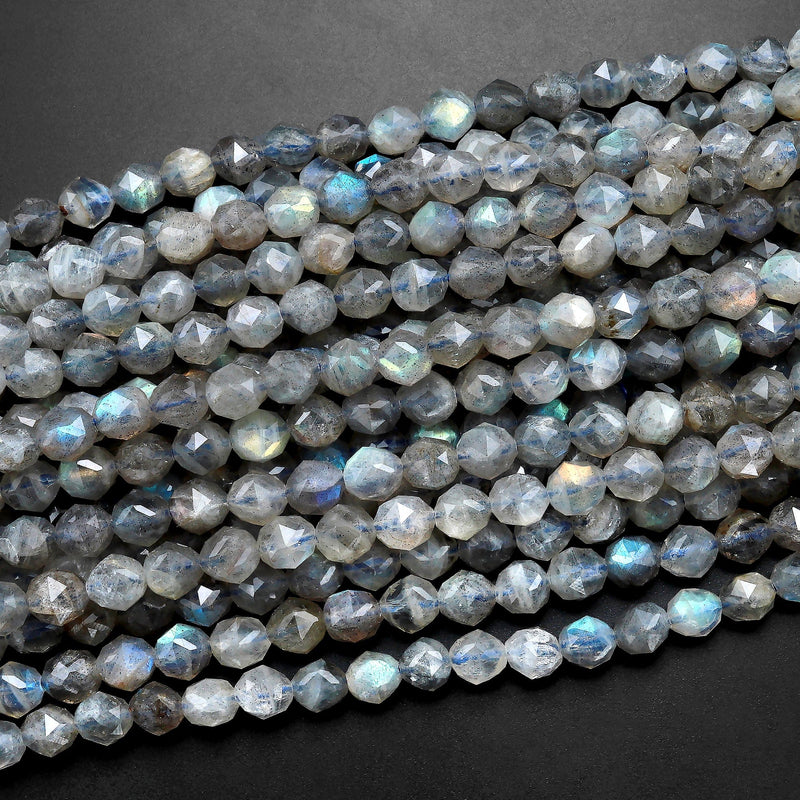 Natural Labradorite Faceted 6mm 8mm Round Beads Double Hearted Star Facets Tons of Rainbow Flashes Natural Labradorite Round Beads 15.5" Strand