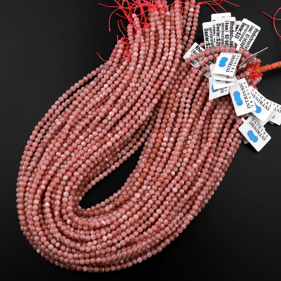 Natural Pink Rhodochrosite 4mm Smooth Polished Round Beads 15.5" Strand