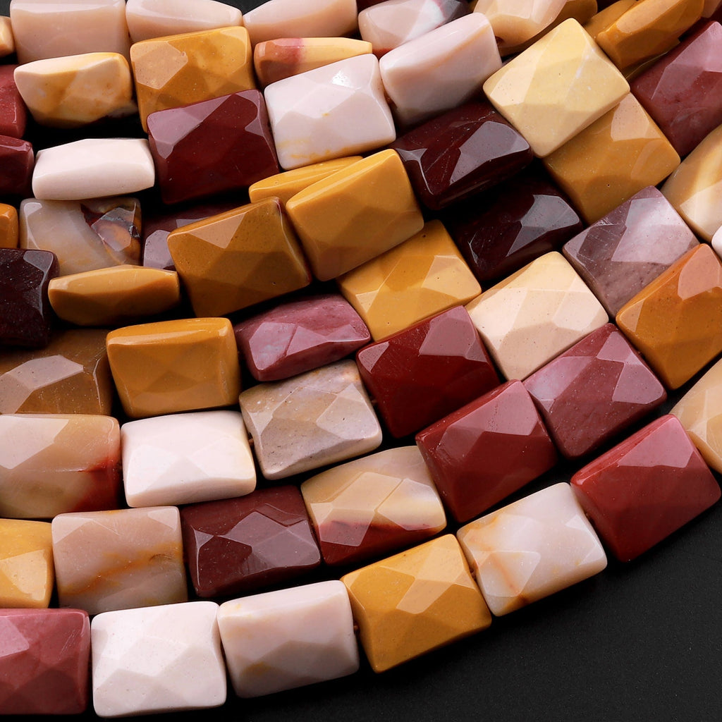 AAA Natural Australian Mookaite Beads Faceted 10x8mm Rectangle Cushion Natural Sunset Color Red Yellow Maroon Red Creamy White 15.5" Strand