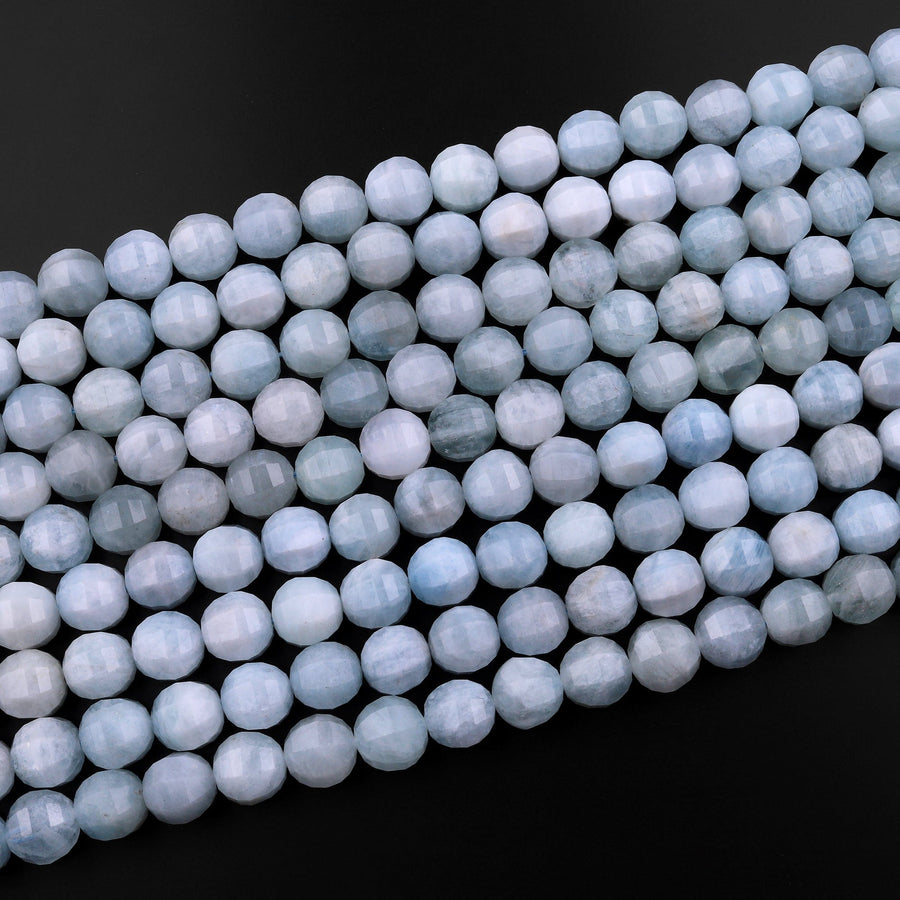 Geometric Lantern Faceted Natural Blue Aquamarine 10mm Round Beads 15.5" Strand
