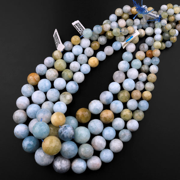 Graduated Natural Aquamarine Faceted Round Beads Blue Green Yellow Gemstone 15.5" Strand
