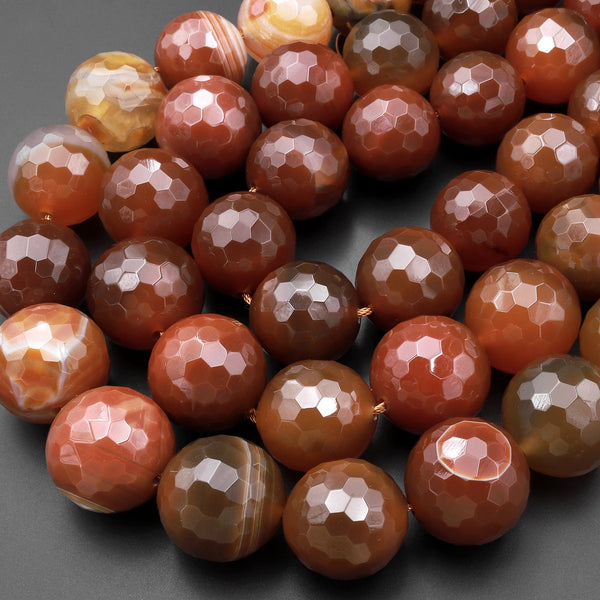 AAA Large Natural Carnelian Faceted 25mm Round Beads Huge High Quality Natural Gemstone W Dazzling Facets 15.5" Strand