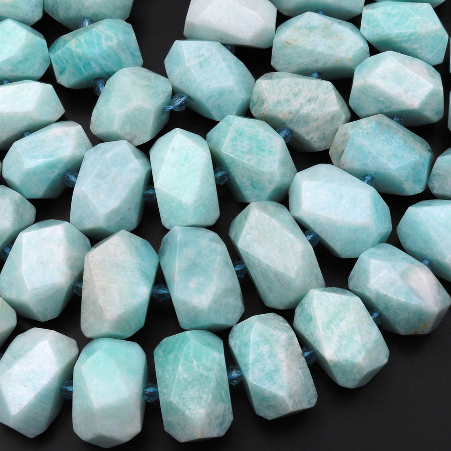 Peruvian Amazonite Nuggets Large Faceted Pastel Pale Sea Blue Gemstone Center Drilled Chunky Rectangle Nuggets 15.5" Strand