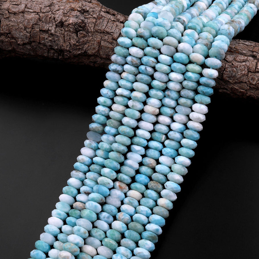 AA Faceted Natural Blue Larimar 8mm 9mm Faceted Rondelle Beads 15.5" Strand