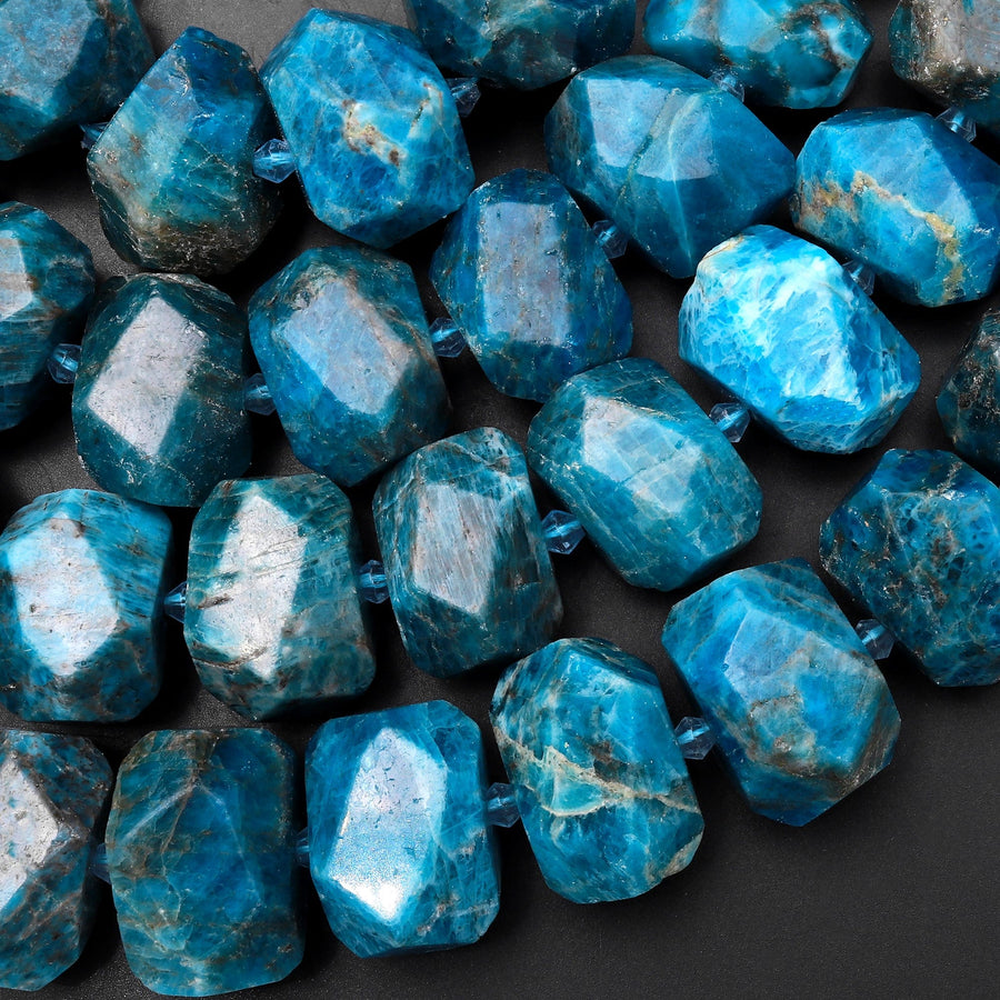 Large Natural Apatite Beads Chunky Faceted Rectangle Nuggets Teal Blue Gemstone 15.5" Strand
