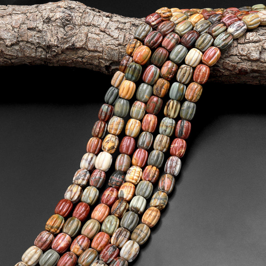 Red Creek Jasper Beads Hand Carved Melon Drum Tube Earthy Red Green Yellow Brown Natural Cherry Creek Multi-color Picasso Jasper 15.5" Strand