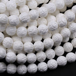 Natural White Tridacna Shell Beads Carved Lotus Flower Bloom Round Beads Pristine White 6mm 8mm 10mm 12mm 14mm Decorative Flower Bead 16" Strand