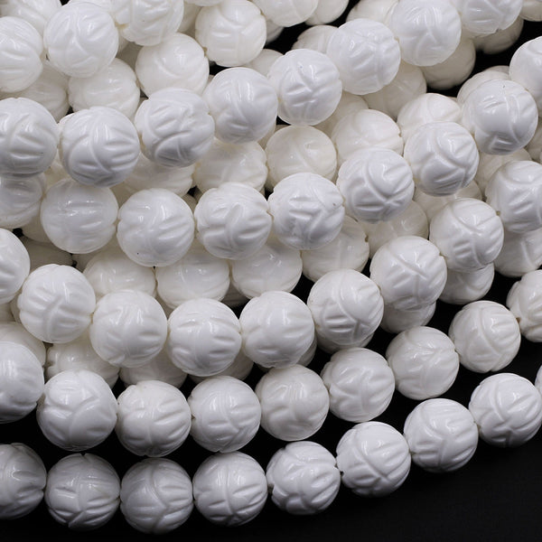 Natural White Tridacna Shell Beads Carved Lotus Flower Bloom Round Beads  Pristine White 6mm 8mm 10mm 12mm 14mm Decorative Flower Bead 16