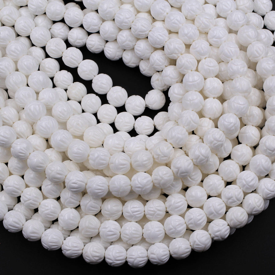 Natural White Tridacna Shell Beads Carved Lotus Flower Bloom Round Beads Pristine White 6mm 8mm 10mm 12mm 14mm Decorative Flower Bead 16" Strand