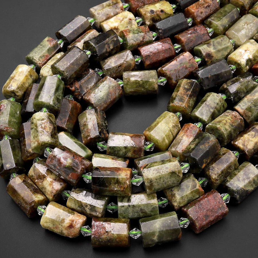 Large Natural Green Garnet Raw Faceted Tube Cylinder Beads 15.5" Strand
