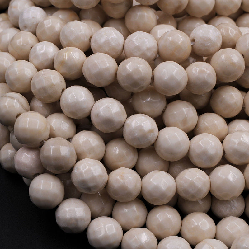 Faceted Natural Fossil Jasper River Stone 4mm 6mm 8mm 10mm Round Beads Natural Creamy Beige White Stone 15.5"Strand