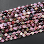 Natural Multicolor Pink Tourmaline Faceted 8mm Beads Energy Prism Double Terminated Points 15.5" Strand