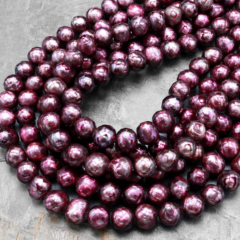 Large Faceted Genuine Freshwater Pearl Burgundy Wine Red Pearl 8mm 10mm Round Shimmery Iridescent Beads 16" Strand