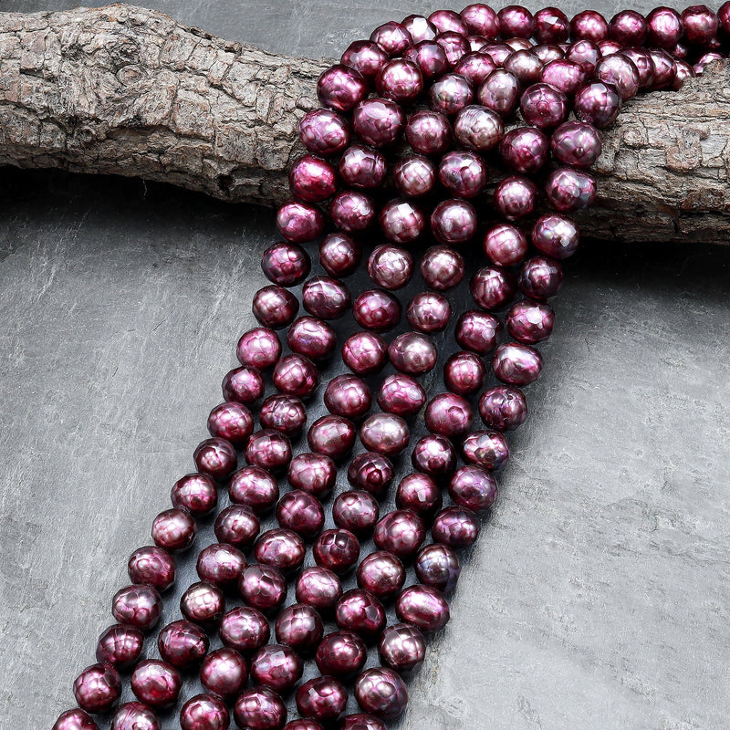 Large Faceted Genuine Freshwater Pearl Burgundy Wine Red Pearl 8mm 10mm Round Shimmery Iridescent Beads 16" Strand