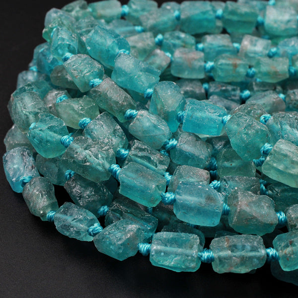 Extra Gemmy Raw Rough Natural Teal Blue Green Apatite Beads Frosty Matte Nuggets Rectangle Tube Beads Organic Natural Gemstone 16" Strand