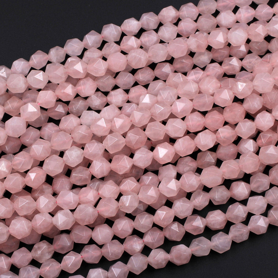 Natural Pink Rose Quartz Faceted Nugget Star Cut Rounded 8mm Nugget 10mm Round Nugget 12mm Geometric Cut Beads Strand