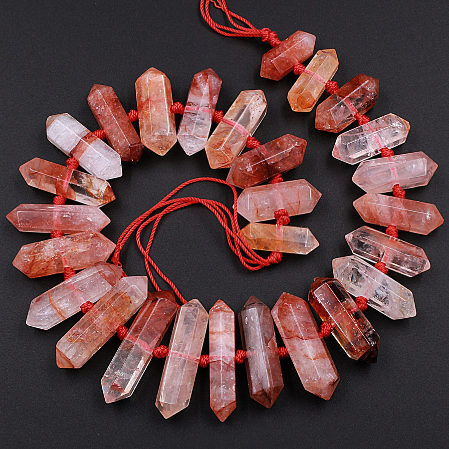 Lepidocrocite Quartz Beads Faceted Double Terminated Pointed Tips Large Healing Natural Red Quartz Crystal Focal Pendant Bead 15.5" Strand