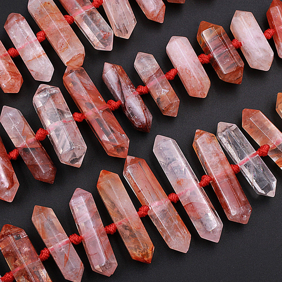 Lepidocrocite Quartz Beads Faceted Double Terminated Pointed Tips Large Healing Natural Red Quartz Crystal Focal Pendant Bead 15.5" Strand