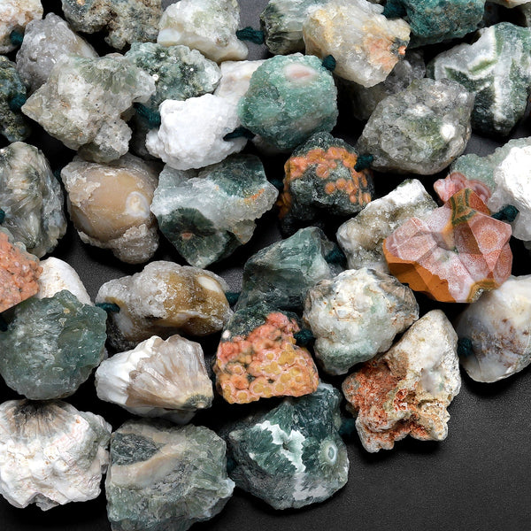 Natural Ocean Jasper Beads Drilled Raw Druzy Drusy Freeform Nuggets Vibrant Green Yellow Red Orbs Eyes High Quality Gemstone 15.5" Strand