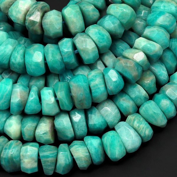 Large Faceted Natural Russian Amazonite Beads Chiseled Freeform 12mm Rondelle Blue Green Gemstone 15.5" Strand