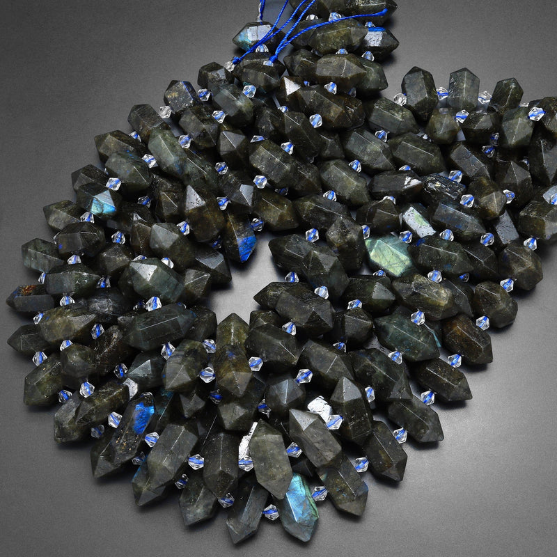 Natural Labradorite Beads Faceted Double Terminated Point Bullet Bicone Center Drilled Focal Labradorite Pendant 15.5" Strand