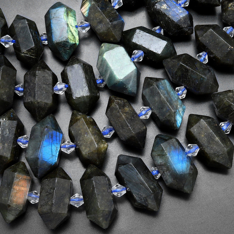 Natural Labradorite Beads Faceted Double Terminated Point Bullet Bicone Center Drilled Focal Labradorite Pendant 15.5" Strand