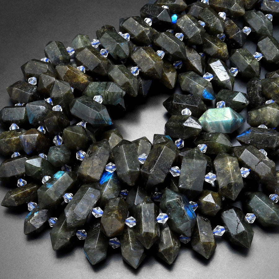 Natural Labradorite Beads Faceted Double Terminated Point Bullet Bicone Center Drilled Focal Labradorite Pendant 15.5" Strand