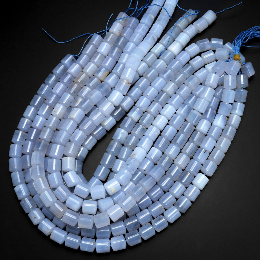 Natural Blue Chalcedony Barrel Drum Tube Short Cylinder Smooth 10mm Beads Gemmy Clear Gemstone 15.5" Strand
