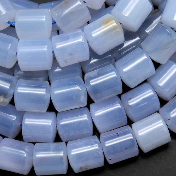 Natural Blue Chalcedony Barrel Drum Tube Short Cylinder Smooth 10mm Beads Gemmy Clear Gemstone 15.5" Strand